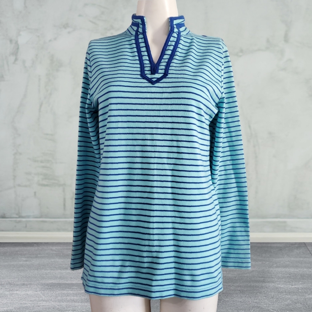 Breckenridge Mock V-Neck Green Blue Striped Longsleeved Top Size Small